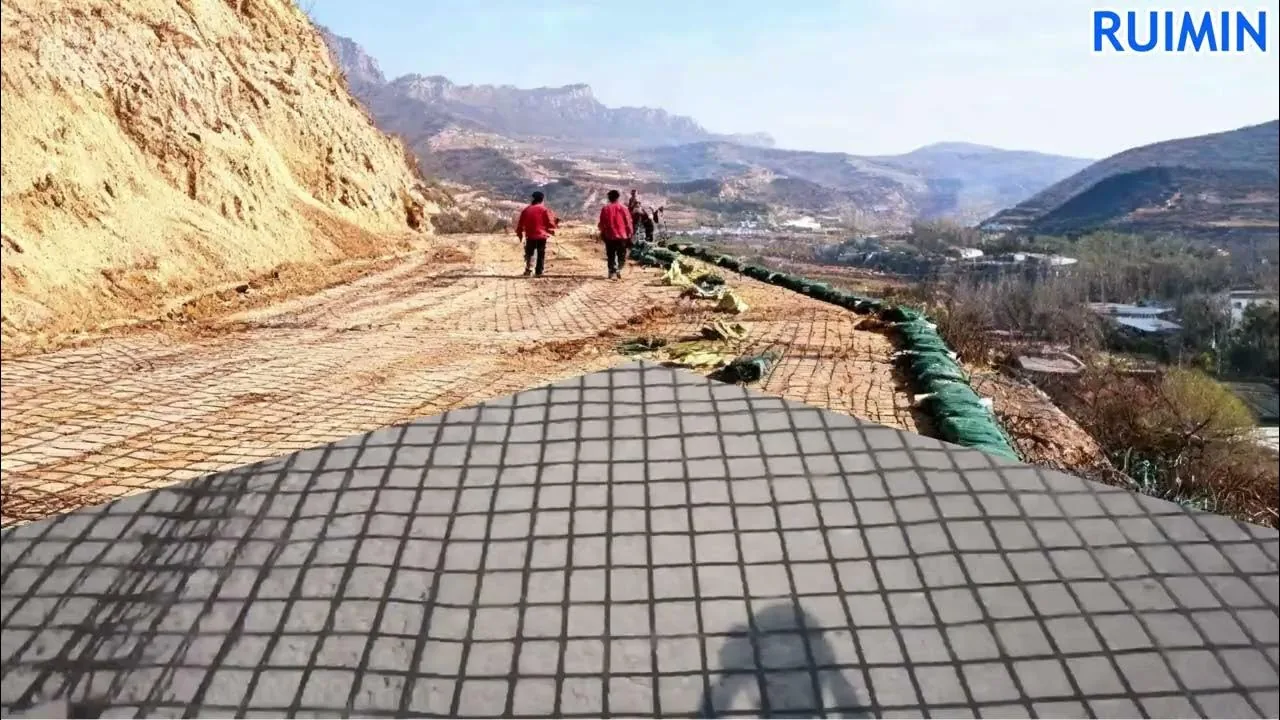 Geogrid laid on a road base in the application video